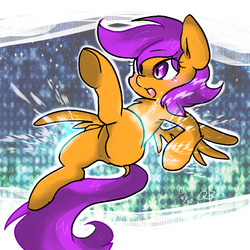 Size: 700x700 | Tagged: safe, artist:kyubi, scootaloo, g4, abstract background, female, filly, foal, lying down, on back, open mouth, pixiv, solo