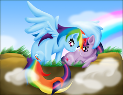 Size: 1269x983 | Tagged: safe, artist:jewlecho, rainbow dash, twilight sparkle, pegasus, pony, unicorn, g4, cloud, female, grass, hug, intertwined tails, lesbian, looking at each other, lying down, mare, outdoors, rainbow, ship:twidash, shipping, sitting, sky, spread wings, tail, winghug, wings