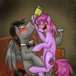 Size: 500x500 | Tagged: safe, artist:jitterbugjive, berry punch, berryshine, doctor whooves, time turner, earth pony, pegasus, pony, ask discorded whooves, g4, blushing, bowtie, couch, discord whooves, discorded, drunk, duo, female, furniture, glass, male, mare, stallion, wine, wine glass
