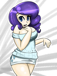 Size: 1024x1365 | Tagged: safe, artist:acharmingpony, rarity, human, g4, breasts, busty rarity, clothes, curvy, female, humanized, miniskirt, off shoulder, short-sleeved sweater, skirt, solo, sweater, thighs, tube skirt