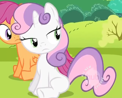 Size: 500x401 | Tagged: safe, screencap, scootaloo, sweetie belle, g4, lesson zero, cropped, duo, hub logo, lidded eyes
