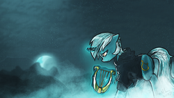 Size: 6000x3375 | Tagged: safe, artist:darkflame75, lyra heartstrings, fanfic:background pony, g4, clothes, emo lyra, female, fog, hoodie, lyre, moon, musical instrument, night, sad, solo