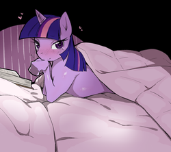 Size: 896x795 | Tagged: safe, artist:mizoone, twilight sparkle, g4, beautiful, bed, bedroom, bedroom eyes, blanket, book, female, heart, solo