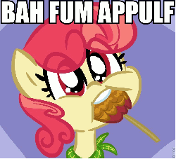 Size: 770x700 | Tagged: safe, artist:tess, apple bumpkin, earth pony, pony, friendship is witchcraft, g4, accent, apple, apple family member, appul, background pony, buy some apples, candy apple, female, food, gif, image macro, mare, non-animated gif, solo