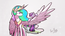 Size: 5000x2813 | Tagged: safe, artist:darkflame75, princess celestia, twilight sparkle, g4, carrying, cute, eye contact, filly, high res, momlestia, open mouth, size difference, smiling, spread wings, twiabetes, younger