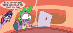 Size: 722x326 | Tagged: safe, artist:cybersp0nge, spike, twilight sparkle, dragon, pony, g4, computer, cropped, female, frown, grin, implied porn, lip bite, male, mare, meta, raised eyebrow, smiling, speech bubble, wide eyes