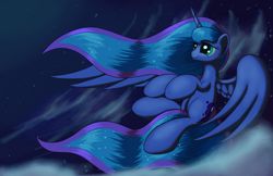 Size: 1700x1100 | Tagged: safe, artist:grennadder, princess luna, g4, belly, big hooves, female, flying, large wings, long mane, long tail, mare, night, partially open wings, solo, tail, windswept mane, windswept tail, wings