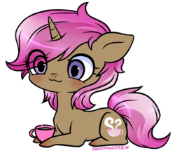 Size: 741x646 | Tagged: safe, artist:ponymonster, oc, oc only, oc:sweet tea, pony, unicorn, blushing, female, mare, simple background, solo, tea, transparent background