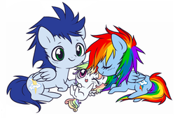 Size: 767x517 | Tagged: safe, artist:ponymonster, rainbow dash, soarin', oc, oc:white whirl, pegasus, pony, g4, female, male, momma dash, offspring, parent:rainbow dash, parent:soarin', parents:soarindash, ship:soarindash, shipping, simple background, straight