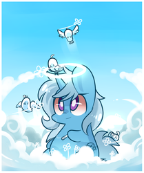 Size: 615x735 | Tagged: safe, artist:php56, trixie, bird, pony, unicorn, g4, ask-stoned-trixie, cloud, cloudy, drug use, drugs, female, halo, high, in memoriam, joint, mare, marijuana, rest in peace, solo, stoned trixie