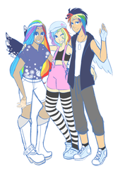 Size: 900x1322 | Tagged: safe, artist:ssenarrya, oc, oc only, oc:cloud puff, oc:sunrise brisk, oc:white whirl, human, cap, clothes, fingerless gloves, gloves, hat, humanized, offspring, overalls, parent:rainbow dash, parent:soarin', parents:soarindash, siblings, simple background, sisters, suspenders, white background, winged humanization