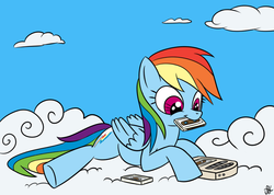 Size: 852x605 | Tagged: safe, artist:sorcerushorserus, edit, rainbow dash, pegasus, pony, g4, cloud, colored, compact cassette, female, mouth hold, on a cloud, solo