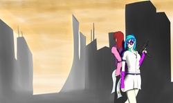 Size: 2500x1487 | Tagged: safe, dj pon-3, nolan north, vinyl scratch, equestria girls, g4, background human, city, cityscape