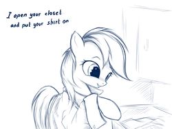 Size: 1024x768 | Tagged: safe, artist:rainbow, derpibooru exclusive, rainbow dash, pegasus, pony, g4, bronybait, clothes, creepy rainbow dash, cute, drawer, female, mare, monochrome, raised hoof, shirt, simple background, sketch, solo, white background