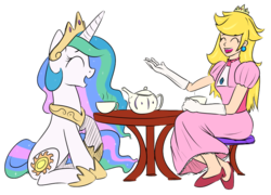 Size: 800x577 | Tagged: safe, princess celestia, alicorn, human, pony, g4, crossover, cup, female, mare, nintendo, princess peach, simple background, sitting, super mario bros., table, talking, tea, tea party, teacup, teapot, transparent background
