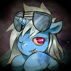 Size: 500x500 | Tagged: safe, artist:saturnspace, trixie, pony, unicorn, g4, ask-stoned-trixie, female, glasses, heart eyes, mare, one eye closed, rest in peace, smiling, solo, stoned trixie, wingding eyes