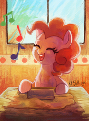 Size: 1097x1500 | Tagged: safe, artist:cuteskitty, pinkie pie, g4, backlighting, baking, cooking, cute, diapinkes, dough, eyes closed, female, music notes, open mouth, rolling pin, singing, solo, table, window