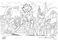 Size: 3504x2394 | Tagged: safe, artist:jowyb, carrot cake, cloudchaser, cup cake, derpy hooves, pegasus, pony, g4, female, lineart, mare, monochrome