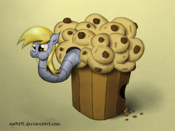 Size: 1024x768 | Tagged: safe, artist:ap0st0l, derpy hooves, worm, g4, crumbs, eating, female, hooves, messy eating, muffin, solo, species swap