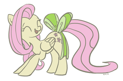 Size: 1000x659 | Tagged: safe, artist:king-kakapo, fluttershy, pegasus, pony, g4, ^^, bow, cute, eyes closed, female, happy, open mouth, shyabetes, simple background, smiling, solo, tail bow, white background