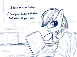 Size: 1024x768 | Tagged: safe, artist:rainbow, rainbow dash, pegasus, pony, g4, bed, blushing, bronybait, clothes, creepy rainbow dash, female, laptop computer, looking at you, mare, monochrome, shirt, simple background, smiling, solo, text