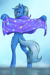 Size: 1000x1500 | Tagged: safe, artist:madhotaru, trixie, pony, unicorn, g4, bedroom eyes, bipedal, butt, cloak, clothes, featureless crotch, female, fluffy, grin, hoof hold, looking at you, looking back, looking back at you, mare, plot, rear view, smiling, smiling at you, solo, the great and powerful ass
