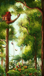 Size: 638x1100 | Tagged: safe, artist:chocolatesun, apple bloom, scootaloo, sweetie belle, human, g4, cutie mark crusaders, detailed, falling, forest, humanized, ladder, scenery, tree, treehouse