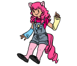 Size: 580x500 | Tagged: safe, artist:karacoon, pinkie pie, human, g4, clothes, cosplay, eared humanization, female, fingerless gloves, gloves, humanized, light skin, overalls, simple background, solo, tailed humanization, transparent background