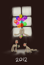 Size: 900x1317 | Tagged: safe, artist:madcookiefighter, ask rarity's manikins, balloon, hat, mannequin, new year, party, party hat, window