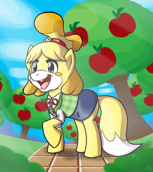 Size: 800x896 | Tagged: safe, artist:tobibrocki, earth pony, pony, g4, animal crossing, animal crossing: new leaf, apple, apple tree, clothes, cottagecore, cute, isabelle, nintendo, open mouth, ponified, raised hoof, secretary, smiling, solo, tree
