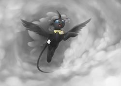 Size: 3211x2300 | Tagged: safe, artist:madcookiefighter, oc, oc only, alicorn, pony, alicorn oc, cloud, cloudy, curved horn, fangs, flying, horn, solo