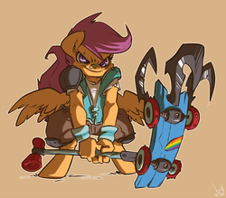 Size: 1200x1051 | Tagged: safe, artist:atryl, scootaloo, anthro, unguligrade anthro, g4, action pose, bandaid, bandaid on nose, bipedal, clothes, female, scooter, solo, weapon