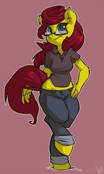 Size: 692x1153 | Tagged: safe, artist:atryl, oc, oc only, earth pony, anthro, unguligrade anthro, anthro oc, clothes, earring, female, glasses, hand on hip, midriff, pants, solo