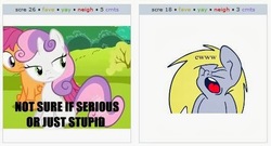 Size: 531x286 | Tagged: safe, derpy hooves, scootaloo, sweetie belle, pegasus, pony, g4, exploitable meme, female, filly, foal, juxtaposition, juxtaposition win, lidded eyes, looking back, mare, meme, meta, sitting, unimpressed