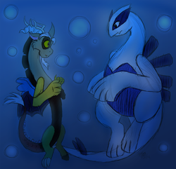 Size: 1446x1395 | Tagged: safe, artist:chibi-n92, discord, draconequus, lugia, g4, crossover, duo, looking at each other, pokémon, underwater