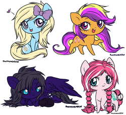 Size: 900x820 | Tagged: safe, artist:ponymonster, oc, oc only, oc:fizzle pop, oc:honey bee, oc:sierra knightly, oc:theatrice, cat, earth pony, pegasus, pony, bow, braid