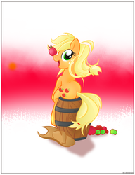 Size: 1381x1800 | Tagged: safe, artist:stec-corduroyroad, applejack, g4, apple, balancing, barrel, butt, female, plot, ponies balancing stuff on their nose, sitting, solo