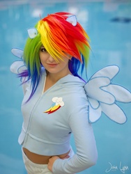 Size: 1425x1900 | Tagged: safe, artist:ladymella, rainbow dash, human, g4, cosplay, irl, irl human, midriff, photo, solo