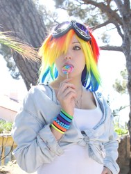 Size: 1854x2448 | Tagged: safe, artist:nyusho, rainbow dash, human, g4, cosplay, food, goggles, irl, irl human, lollipop, photo, solo