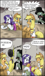 Size: 1823x3041 | Tagged: safe, artist:ciriliko, applejack, rarity, earth pony, pony, unicorn, zombie, g4, comic, creeper, female, frying pan, gun, mare, prehensile tail, x eyes