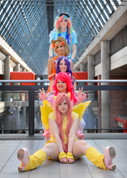 Size: 2288x3203 | Tagged: safe, artist:ayumicosplay, artist:puchikocosplay, applejack, fluttershy, pinkie pie, rainbow dash, rarity, human, g4, cosplay, irl, irl human, photo, pile