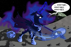 Size: 1600x1054 | Tagged: safe, artist:xonxt, nightmare moon, alicorn, pony, g4, angry, axe, female, moon, on the moon, solo