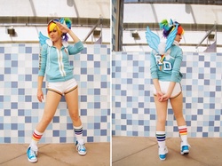 Size: 700x524 | Tagged: safe, artist:burloire, artist:rose0fmay, rainbow dash, human, g4, clothes, cosplay, irl, irl human, photo, shorts