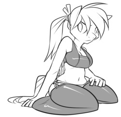 Size: 1280x1239 | Tagged: safe, artist:kilo, oc, oc only, oc:fire juggler blue, anthro, anthro oc, belly button, cleavage, clothes, female, kneeling, lineart, monochrome, ponytail, scowl, solo, stockings, suspenders