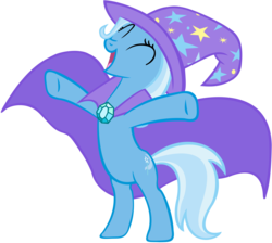 Size: 3000x2689 | Tagged: safe, artist:shelmo69, trixie, pony, unicorn, g4, ^^, bipedal, cape, clothes, eyes closed, female, hat, mare, open mouth, simple background, solo, transparent background, trixie's cape, trixie's hat, vector, y pose