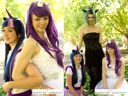 Size: 2129x1600 | Tagged: safe, artist:firenationcosplay, artist:jellyfire, queen chrysalis, rarity, twilight sparkle, human, g4, cosplay, irl, irl human, photo