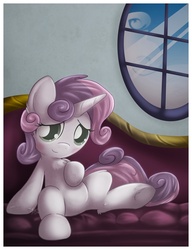 Size: 889x1157 | Tagged: safe, artist:sip, sweetie belle, pony, unicorn, g4, blushing, couch, cute, diasweetes, featureless crotch, female, filly, hoof on chest, sitting, solo, underhoof, window