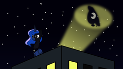 Size: 1280x720 | Tagged: safe, artist:secret-asian-man, princess luna, alicorn, pony, ask the princess of night, g4, bat signal, batman, building, cutie mark, female, frown, glare, mare, mask, night, serious, serious face, sitting, sky, solo, stars