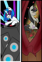 Size: 685x999 | Tagged: safe, artist:fox-artist13, dj pon-3, octavia melody, vinyl scratch, g4, bookmark, rose, stage, turntable