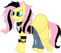 Size: 1357x1172 | Tagged: safe, artist:raven-kipper, fluttershy, pegasus, pony, g4, chains, clothes, demon hunter, emoshy, eyeliner, female, jeans, mare, metal, metalshy, pants, ripped jeans, simple background, solo, spiked wristband, tattoo, transparent background